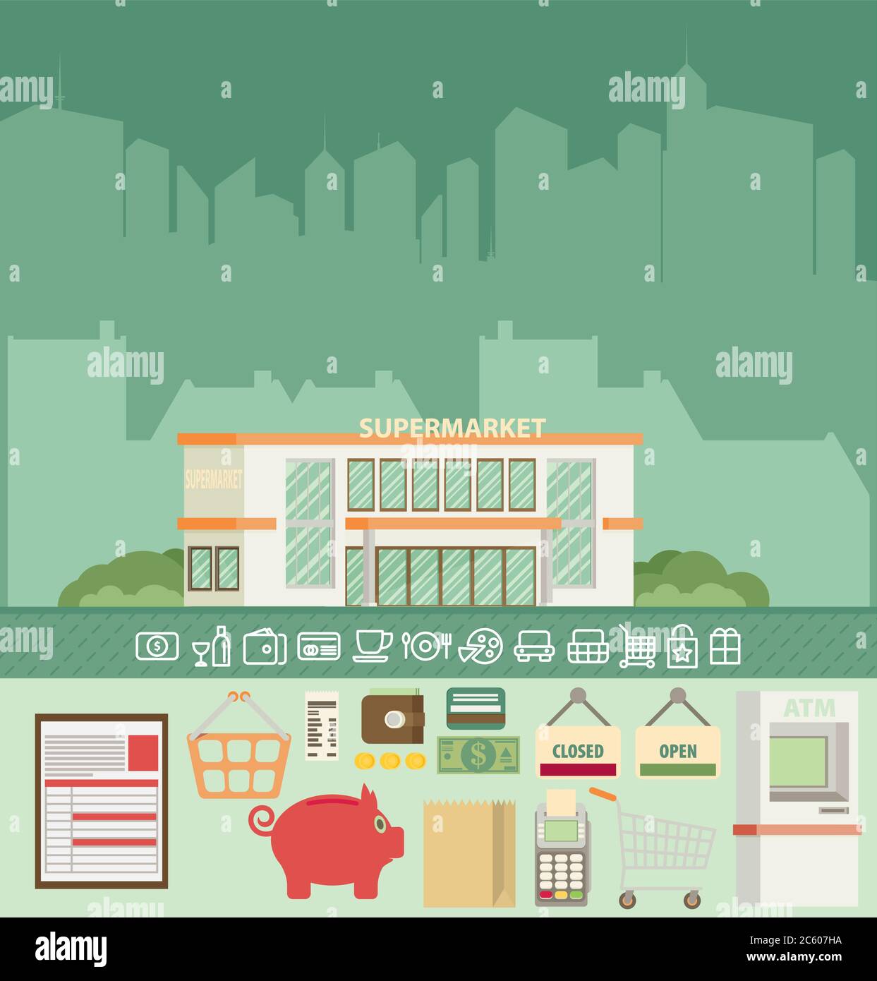 Supermercato sito in linea con il concetto di assortimento di cibo, orari di apertura e le opzioni di pagamento icone illustrazione vettore Illustrazione Vettoriale