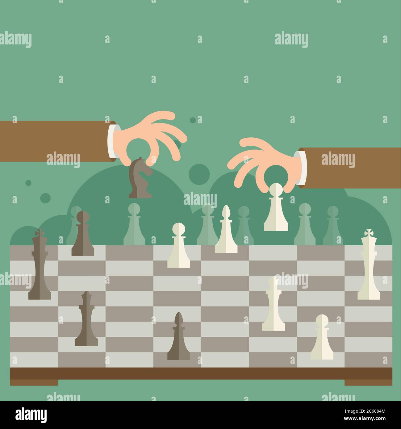 Disegno piano concetto moderno di illustrazione vettoriale di due uomini d'affari che giocano a scacchi e cercano di trovare una posizione strategica e tattica per i succi a lungo termine Illustrazione Vettoriale