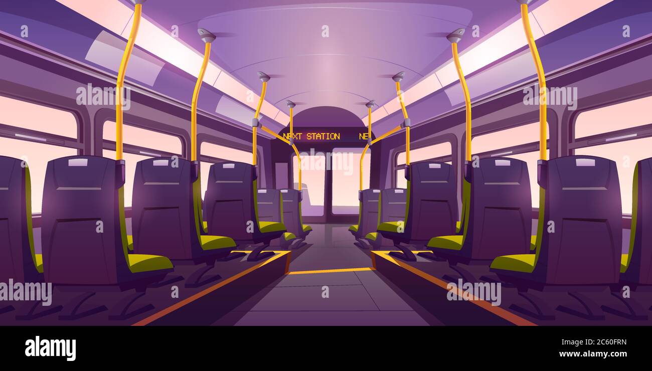 Interno vuoto di autobus o treni con sedie, corrimano e finestre. Cabina vettoriale a fumetti per trasporto di passeggeri con sedili confortevoli e display digitale con vista posteriore Illustrazione Vettoriale