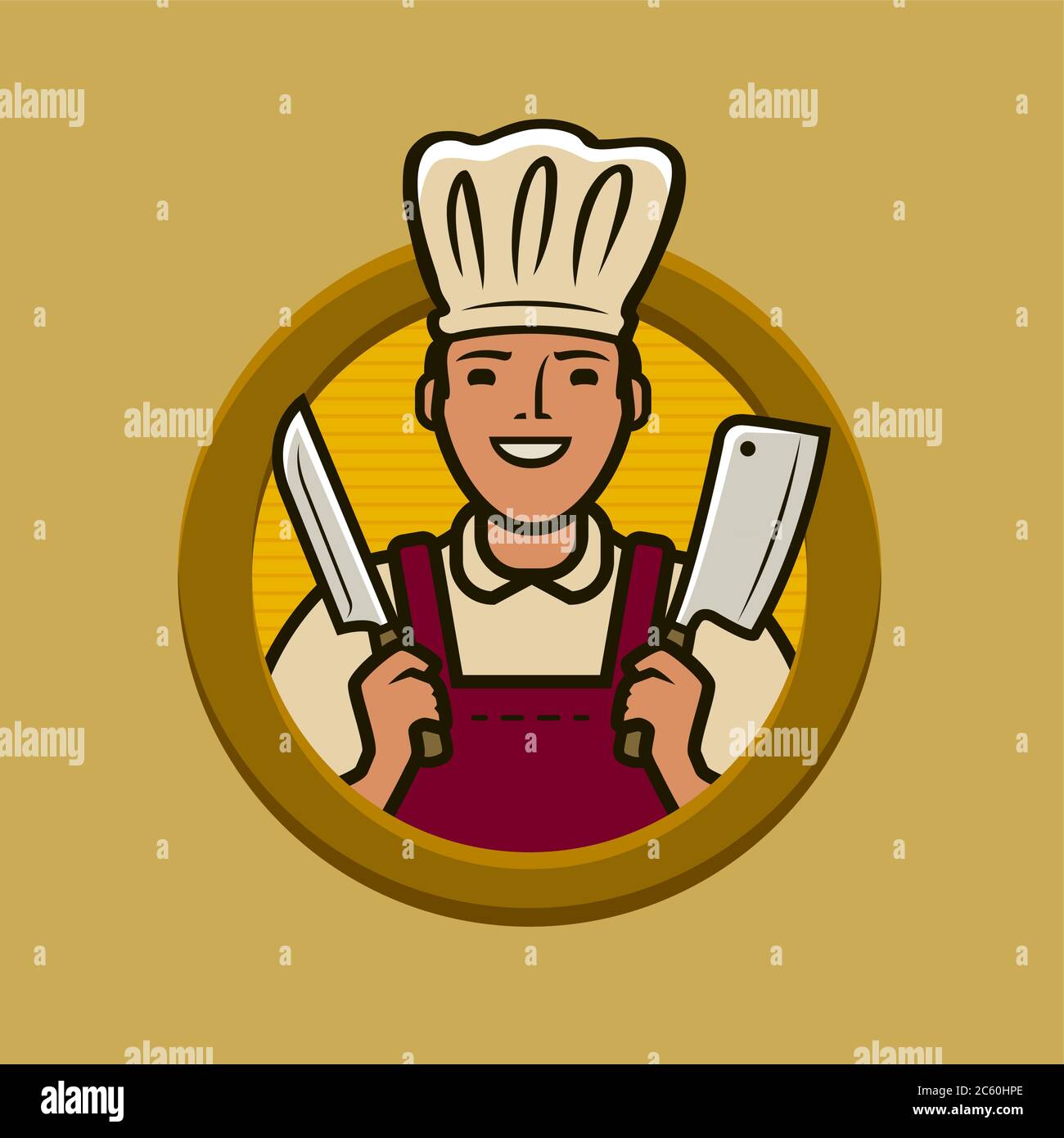 Logo o etichetta del macellaio. Chef con coltelli illustrazione vettoriale Illustrazione Vettoriale