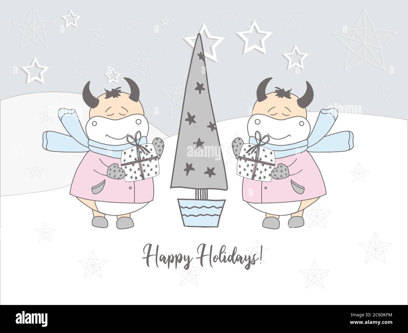 Tori nella neve. Biglietto di auguri. Colori delicati pastello Illustrazione Vettoriale