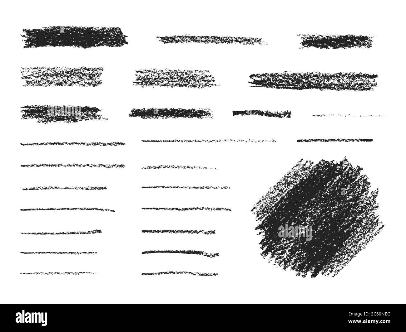 Raccolta di pennellate di inchiostro nero gesso, elementi di design isolati su sfondo bianco Illustrazione Vettoriale