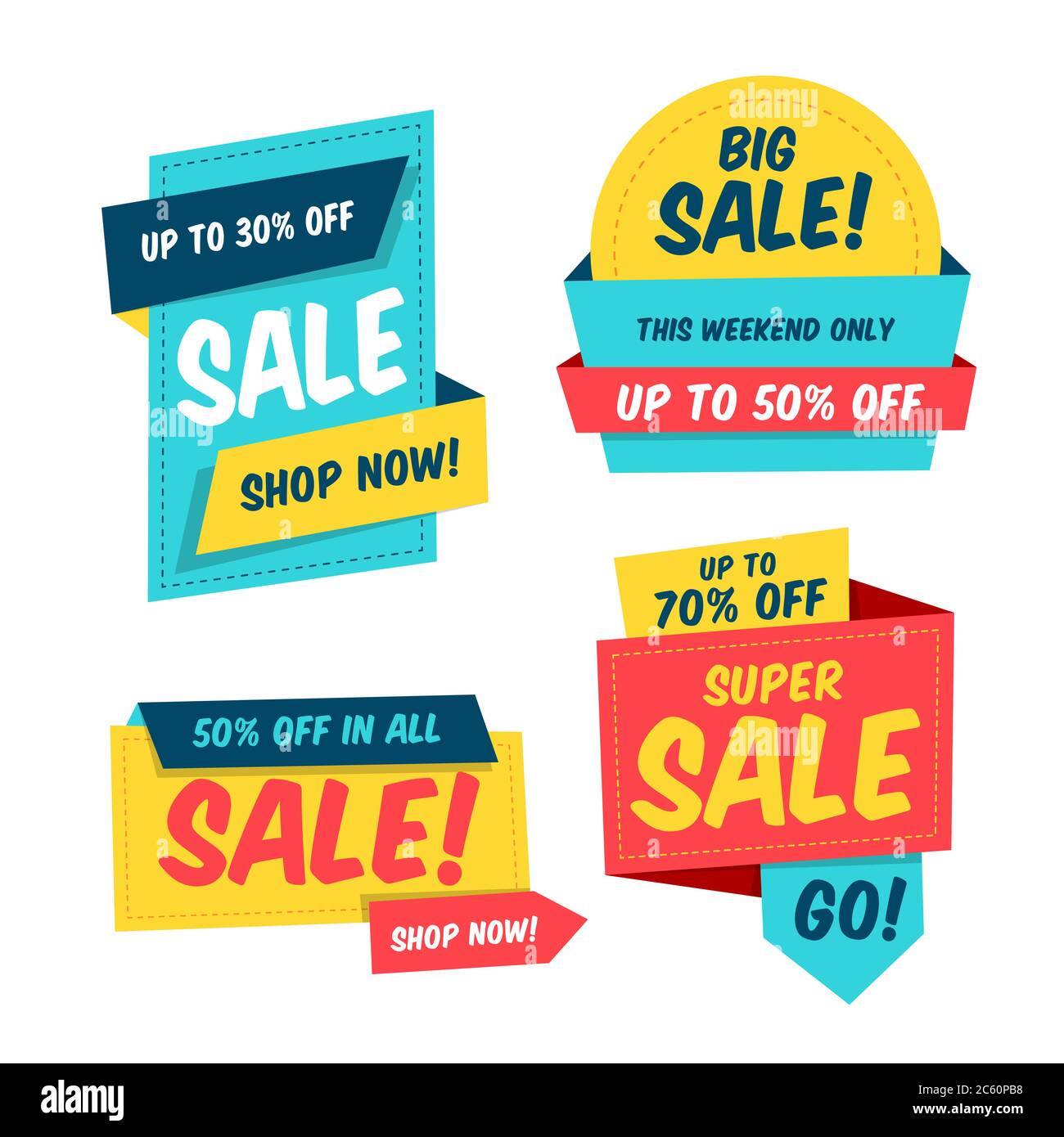 Collezione colorata di modelli di banner in vendita. Stile carta Origami. Elementi vettoriali isolati. Design facilmente modificabile. Illustrazione Vettoriale