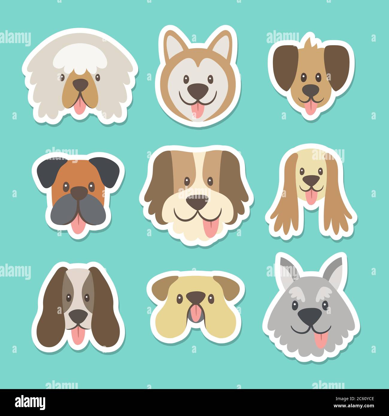 Carino collezione di adesivi con diverse teste di cani in stile cartone animato. Illustrazione vettoriale. Illustrazione Vettoriale