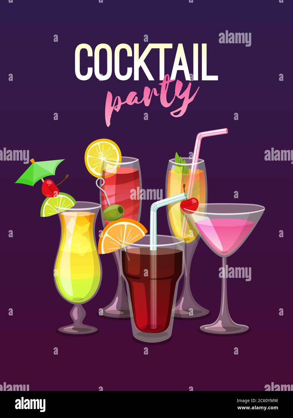 Poster per cocktail party con bevande tropicali su sfondo blu e viola. Illustrazione vettoriale. Illustrazione Vettoriale