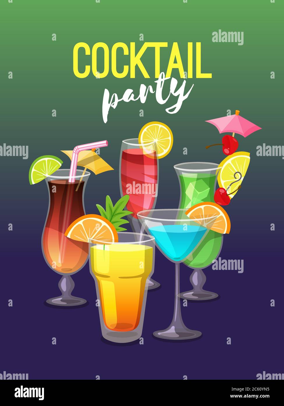 Poster per cocktail party con bevande tropicali su sfondo verde e blu grandioso. Illustrazione vettoriale. Illustrazione Vettoriale