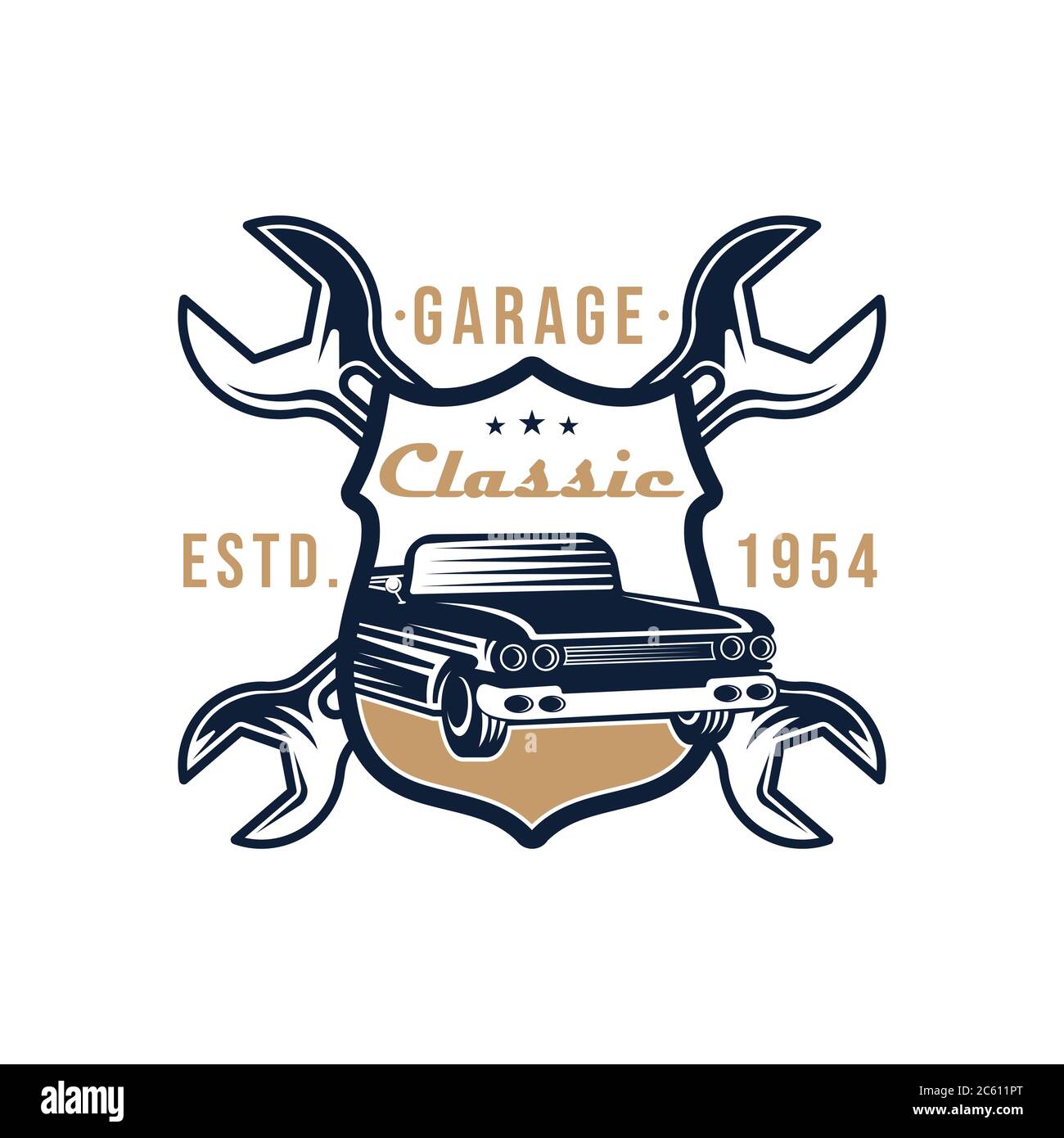 Logo e emblema dell'auto classica Illustrazione vettoriale. Design con icona Vintage Classic Car Vector. Illustrazione vettoriale del logo della Classic Car Illustrazione Vettoriale