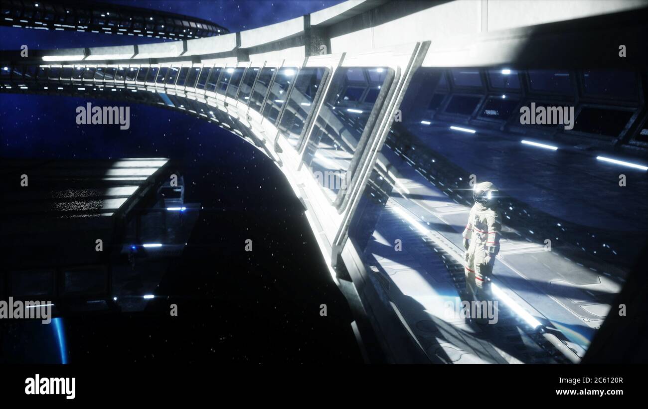 Da sola astronauta in spazio futuristico corridoio, sala. vista della terra. Il rendering 3d. Foto Stock