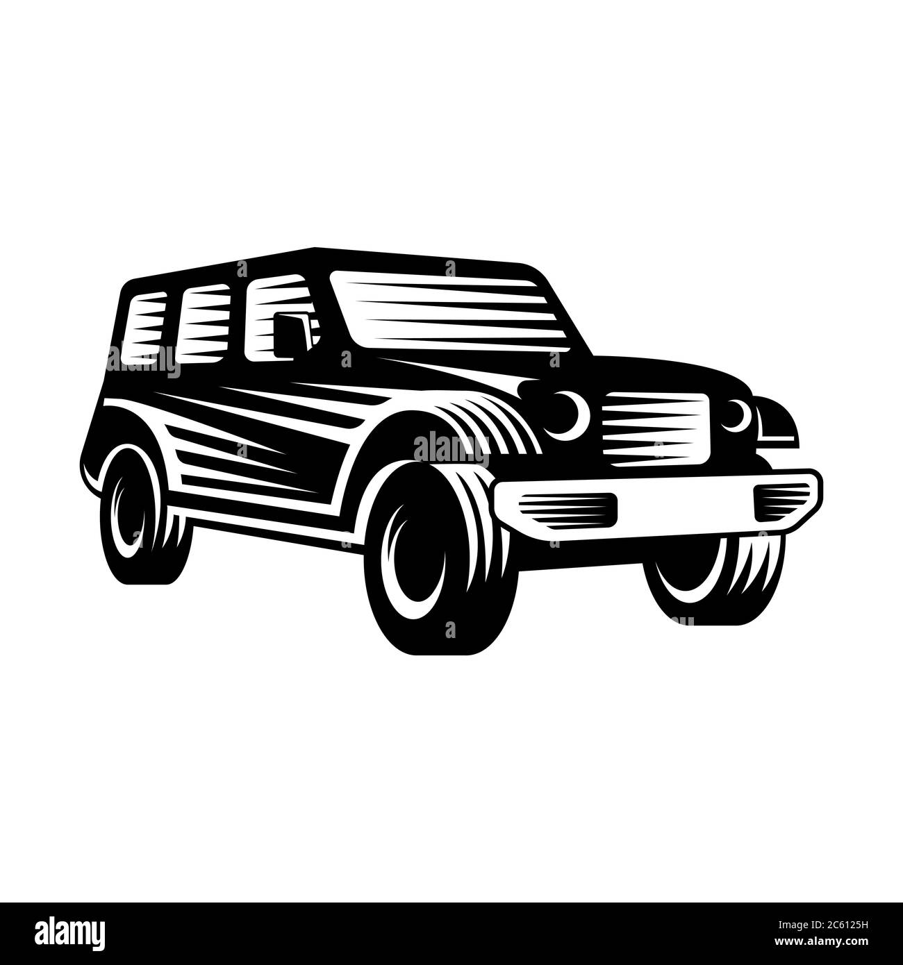 Illustrazione di un'avventura in fuoristrada con logo Vector. Logo suv Vector Offroad con silhouette a icone. Immagine vettoriale logo Rally Car offroad per ca Illustrazione Vettoriale