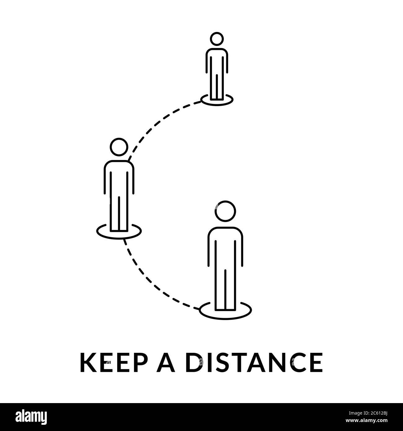 Mantenere un segnale di distanza. Tre persone in fila. Precauzioni Covid-19. Interrompere le linee guida per la diffusione dei virus. Evitare di ammucchiarsi. Contorno nero su bianco Illustrazione Vettoriale
