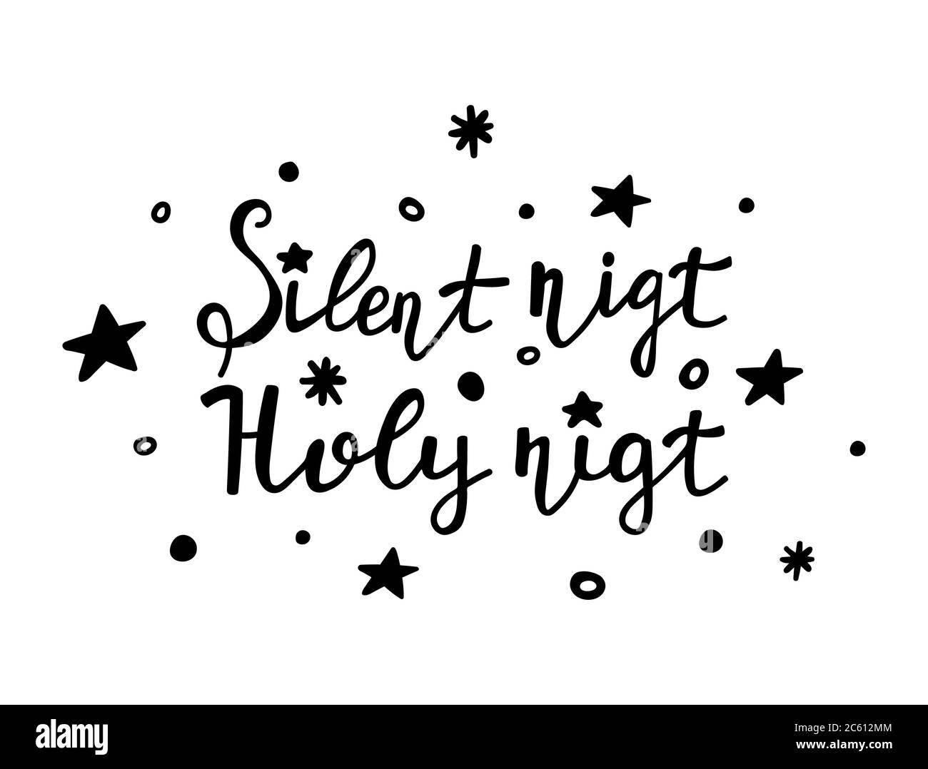 Scritta a mano notte silenziosa, notte Santa isolata su sfondo bianco. Elementi di design invernali disegnati a mano per banner Web, poster, biglietti, stampa. Vettore il Illustrazione Vettoriale