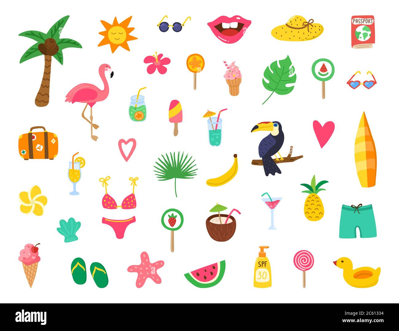 Set estivo con elementi disegnati a mano. Estate Beach party design con flamingo doodle, fiori, frutta tropicale, dolci. Vettore colore Illustrazione Vettoriale