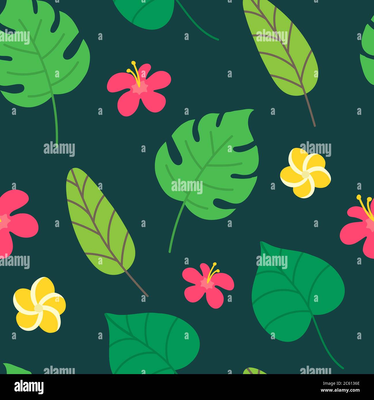 Motivo tropicale senza giunture su sfondo verde scuro. Design estivo con foglie tropiche, monstera, foglie di banana, ibisco, fiori di plumeria. Vettore Illustrazione Vettoriale