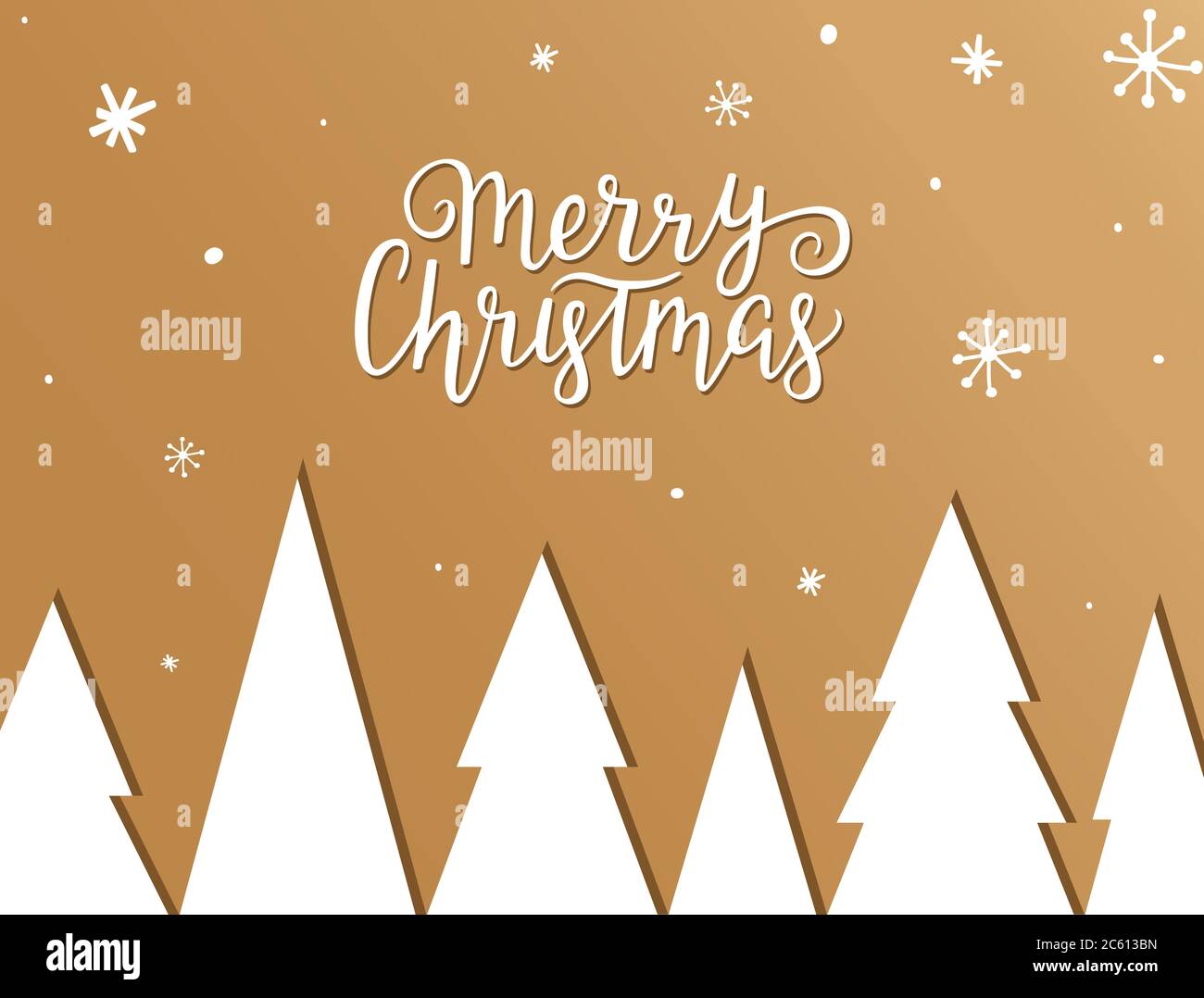 Sfondo oro natalizio con alberi, neve, fiocchi di neve e lettere a mano. Buon Natale mano frase disegnata. Xmas card con paesaggio invernale. Vettore Illustrazione Vettoriale