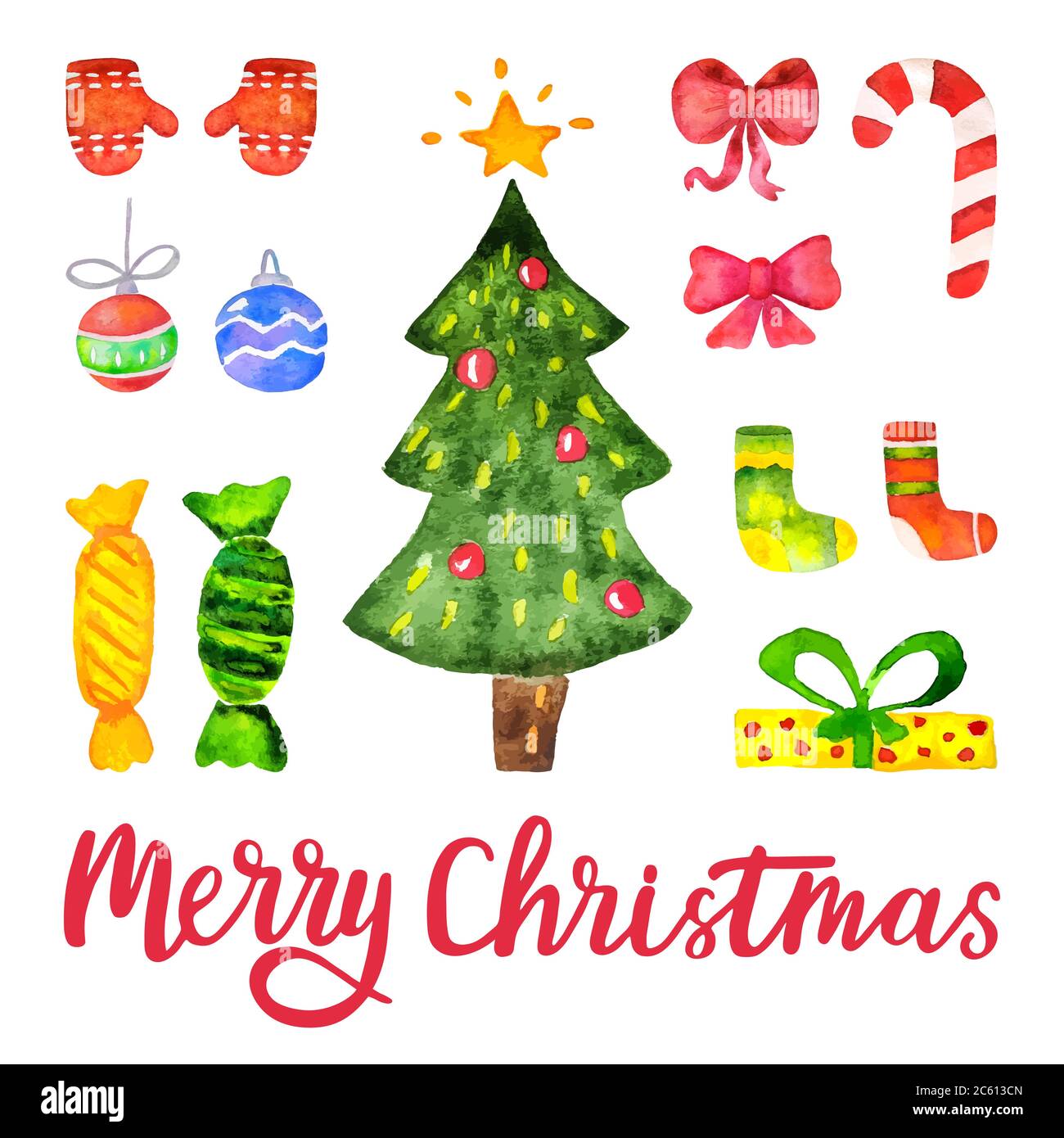 Elementi decorativi del nuovo anno e del Natale vettoriale dell'acquerello. Set di elementi di design realizzati a mano per il Natale allegro per carte, poster, volantini. Vettore Illustrazione Vettoriale