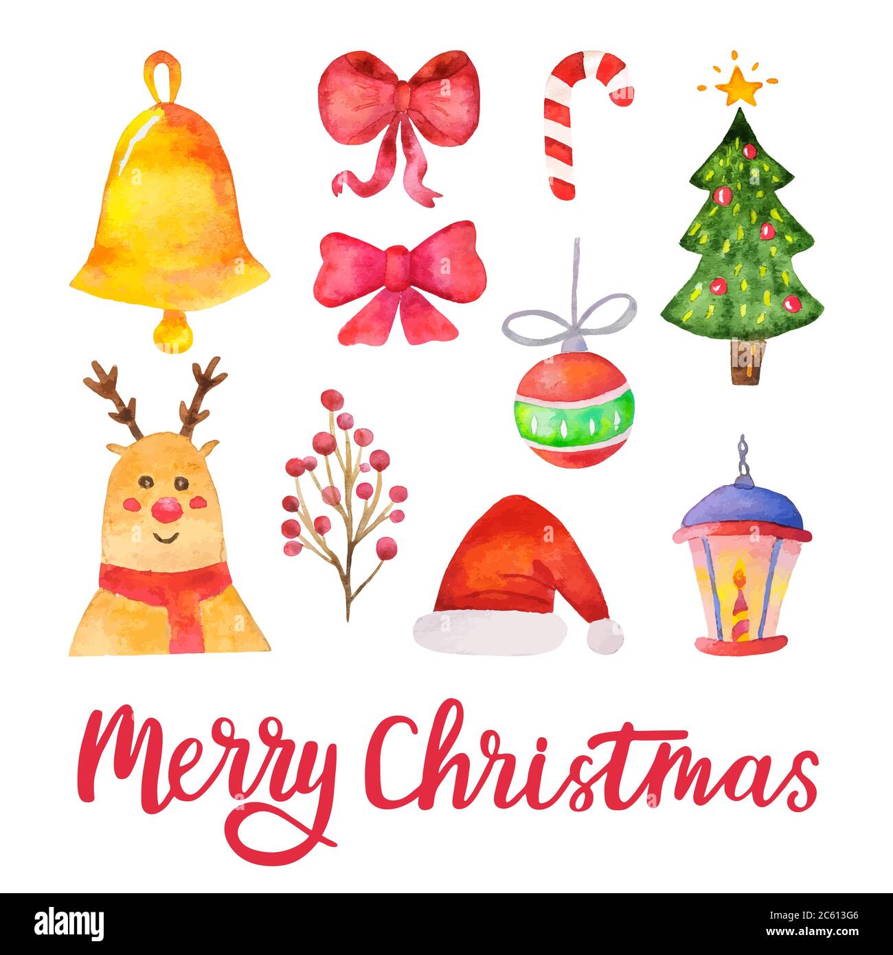 Vettore acquerello elementi di design allegro Natale. Set tradizionale per le feste disegnate a mano. Illustrazione vettoriale. Illustrazione Vettoriale