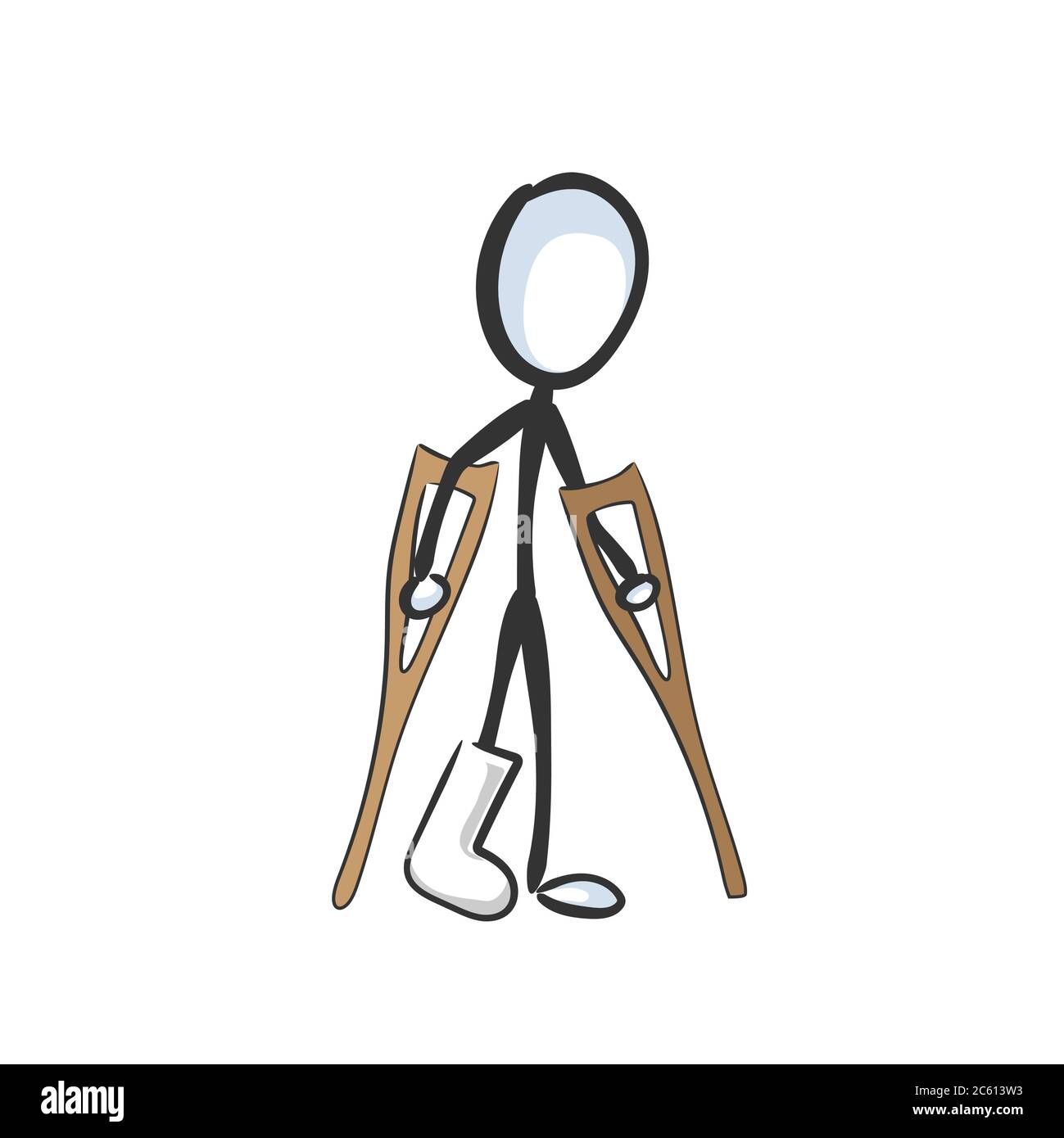 Gesso gamba rotto. Vettore handicap semplice fisicamente disabile persona. Stickman nessun fumetto clipart del viso. Disegnata a mano. Schizzo di Doodle, illustrazione grafica Illustrazione Vettoriale