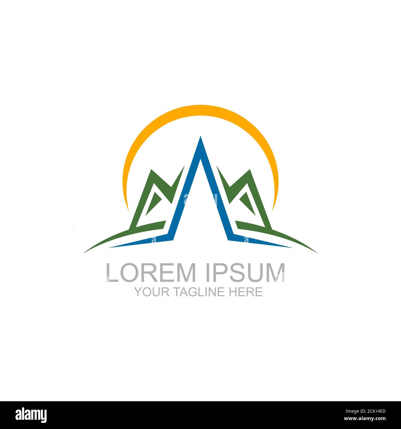 Logo montagne. Avventura all'aperto con logo in montagna. Illustrazione vettoriale Foto Stock