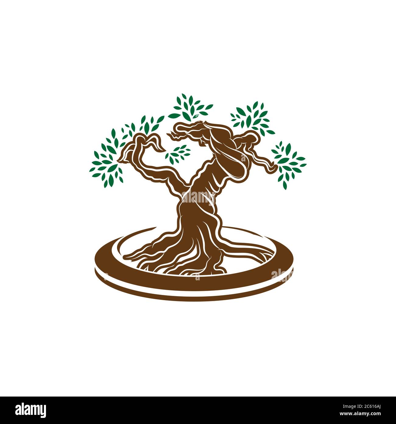 Logo giapponese bonsai tree, icone di silhouette di pianta su sfondo bianco, silhouette verde ecologia di bonsai e tramonto. Immagine dettagliata. BIO natura conce Illustrazione Vettoriale