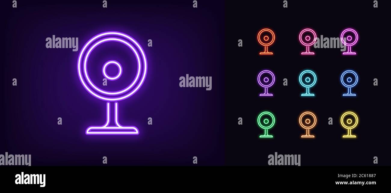 Icona webcam neon. Simbolo luminoso della videocamera Internet al neon, set di simboli isolati della webcam con colori vivaci. Icona luminosa, segno, simbolo per la progettazione dell'interfaccia utente. Video de Illustrazione Vettoriale