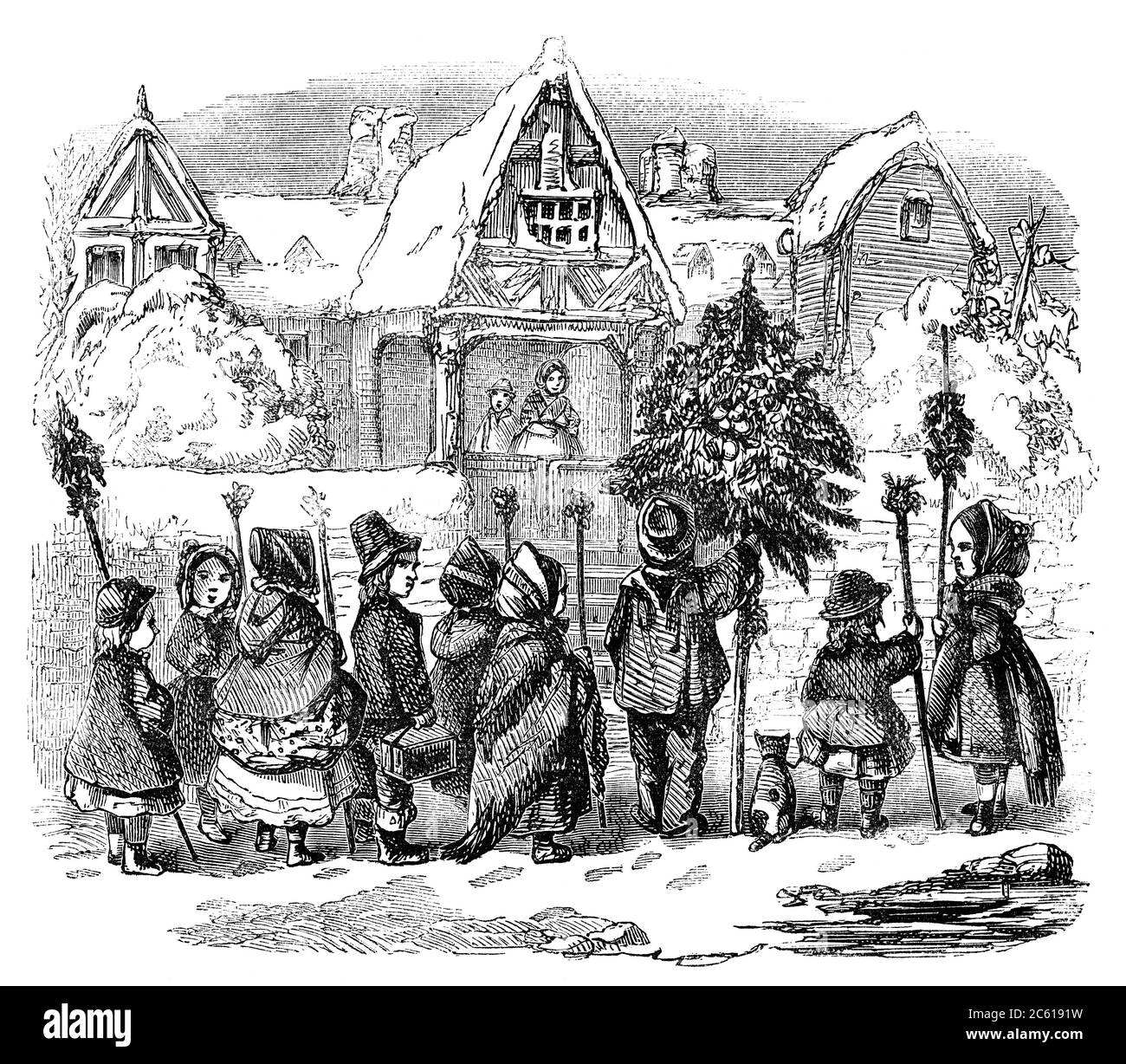 Un disegno di illustrazione inciso dei bambini che cantano il giorno di Natale mattina canti da un libro vittoriano d'epoca datato 1878 che non è più in copyr Foto Stock