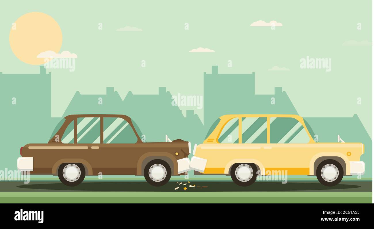 Incidente d'auto. Due auto colpito. Design piatto. Illustrazione Vettoriale