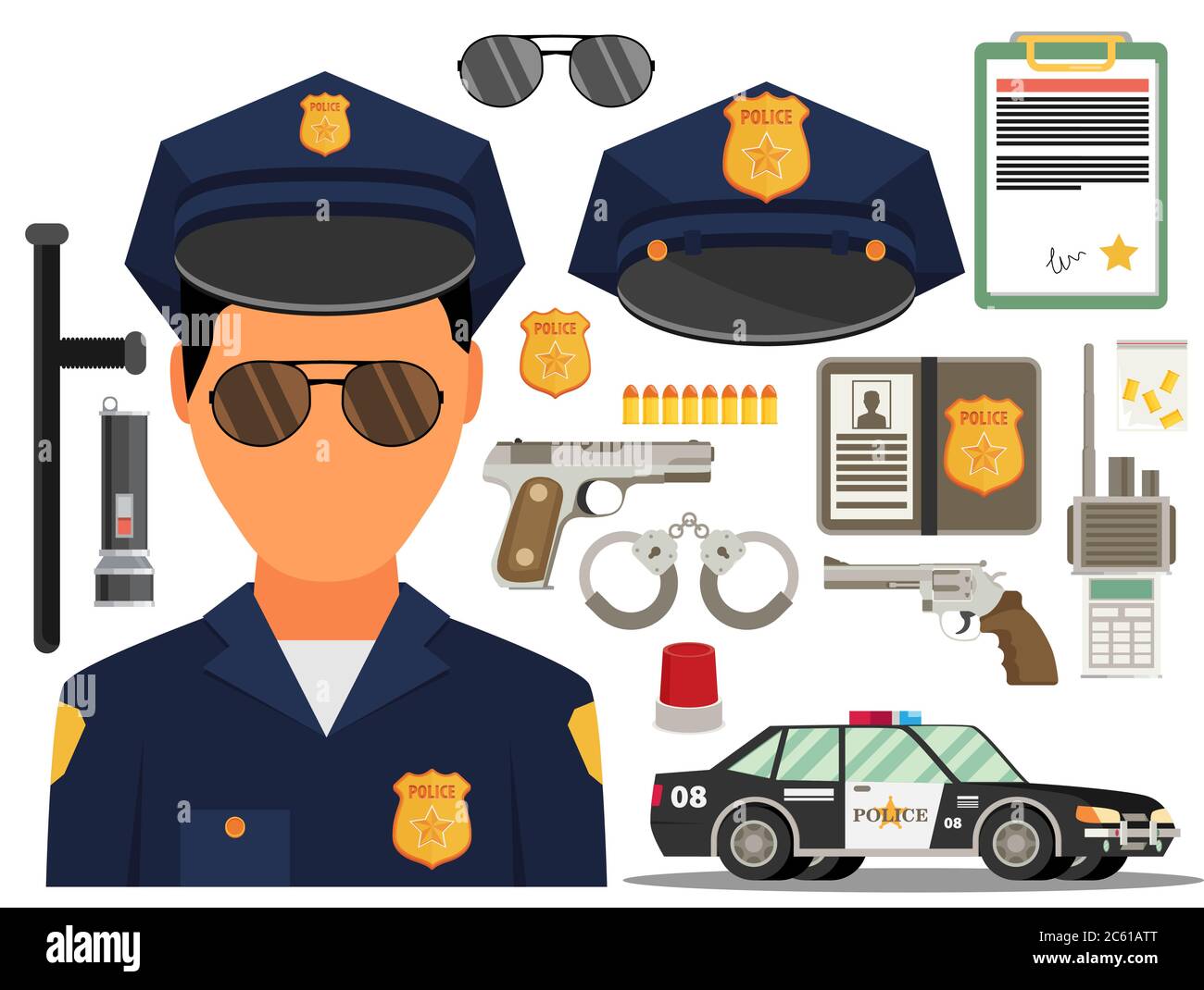Illustrazione vettoriale con poliziotto. Stile piatto. Elementi per infografica. Illustrazione Vettoriale