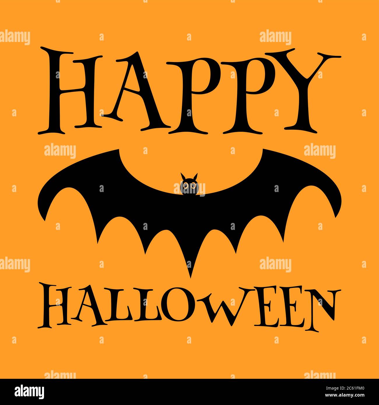 Felice Halloween. Nero pipistrello volante vampiro su sfondo arancione. Design per la stampa o lo striscione Illustrazione Vettoriale