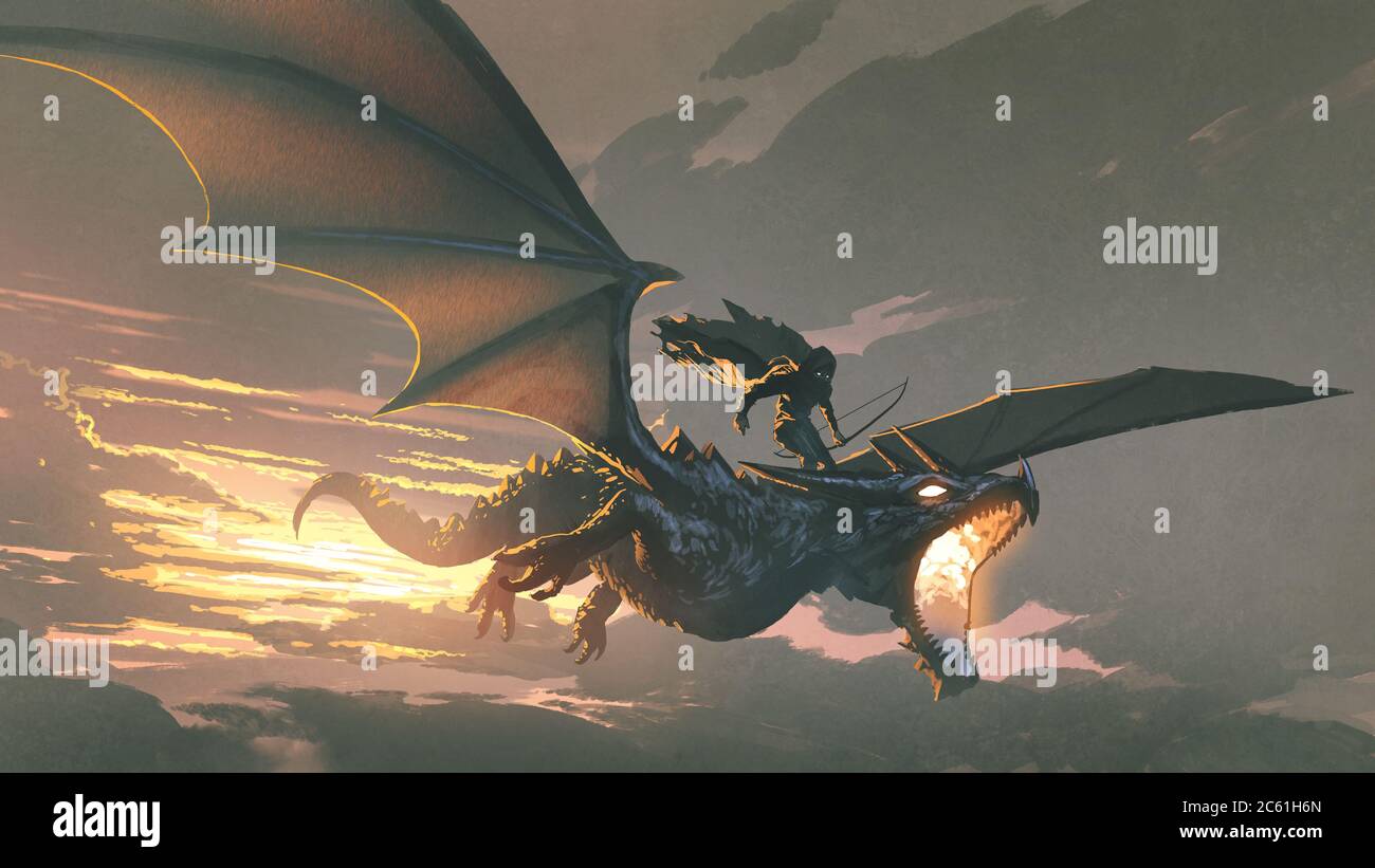 il cavaliere nero che cavalcava il drago che volava nel cielo del tramonto, stile arte digitale, pittura d'illustrazione Foto Stock