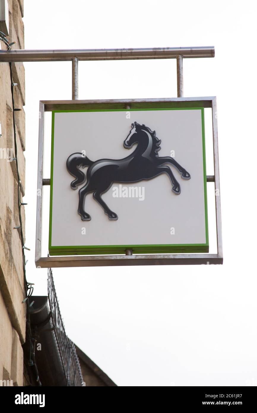 Il simbolo e il logo della Lloyds Bank appesi sopra una banca nel Regno Unito Foto Stock