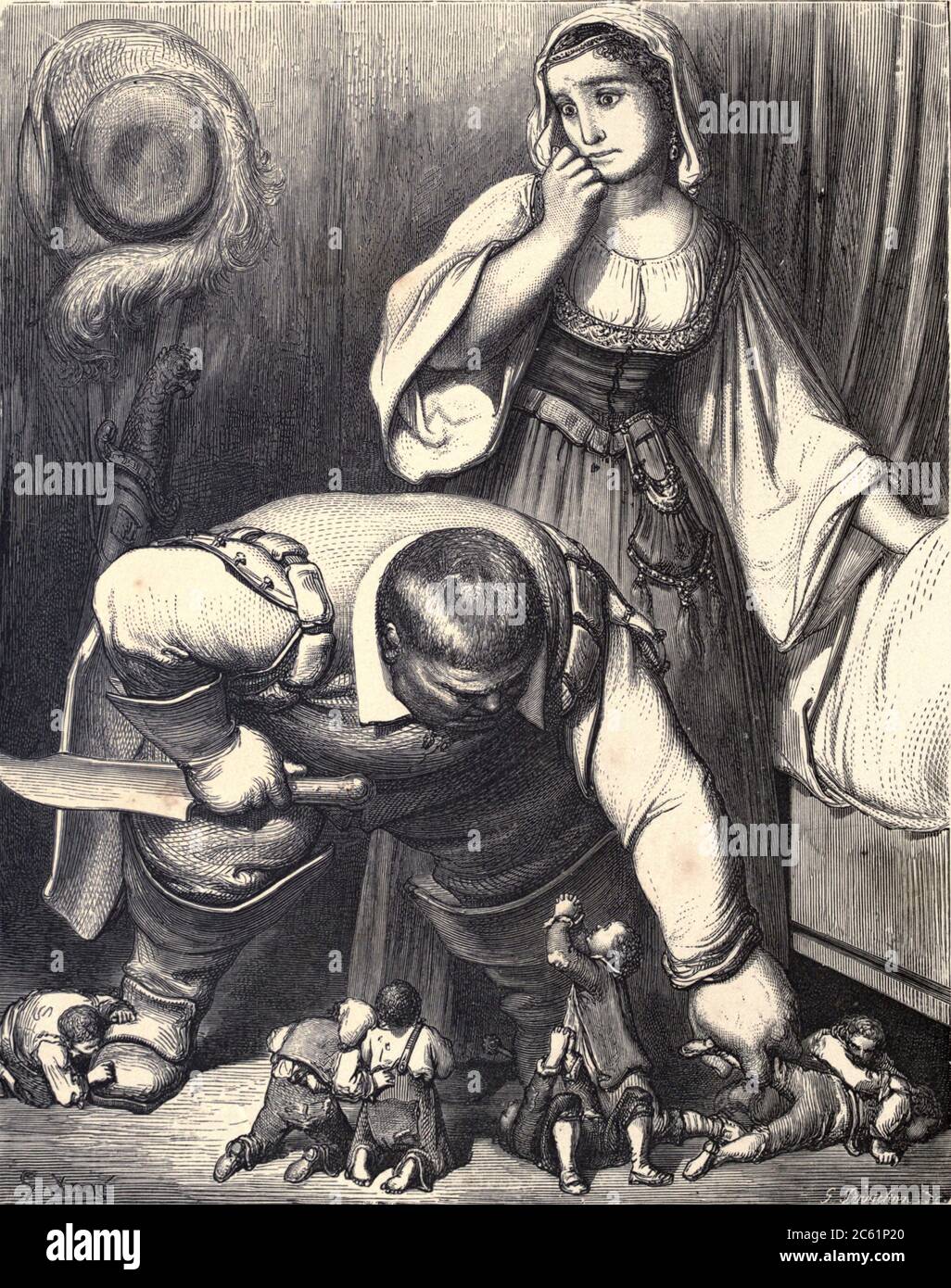 Per braccio, gamba o testa, trascinò tutti i ricci da sotto il letto" Illustrazione da ‘Hop o’ My Thumb’ di Paul Gustave Dore. Hop-o'-My-Thumb (Hop-on-My-Thumb), o Hop o' My Thumb, noto anche come Little Thumbling, Little Thumb, o Little Poucet è una delle otto favole pubblicate da Charles Perrault in Histoires ou Contes du temps passé (1697), dove il piccolo ragazzo sconfigge l'orco. Illustrazione di Gustave Dore dal regno fata del libro. Una raccolta dei vecchi racconti preferiti. Illustrato dalla matita di Gustave Dore di Tom Hood, (1835-1874); Gustave Doré, (1832-1883) pubblicato a Londra Foto Stock
