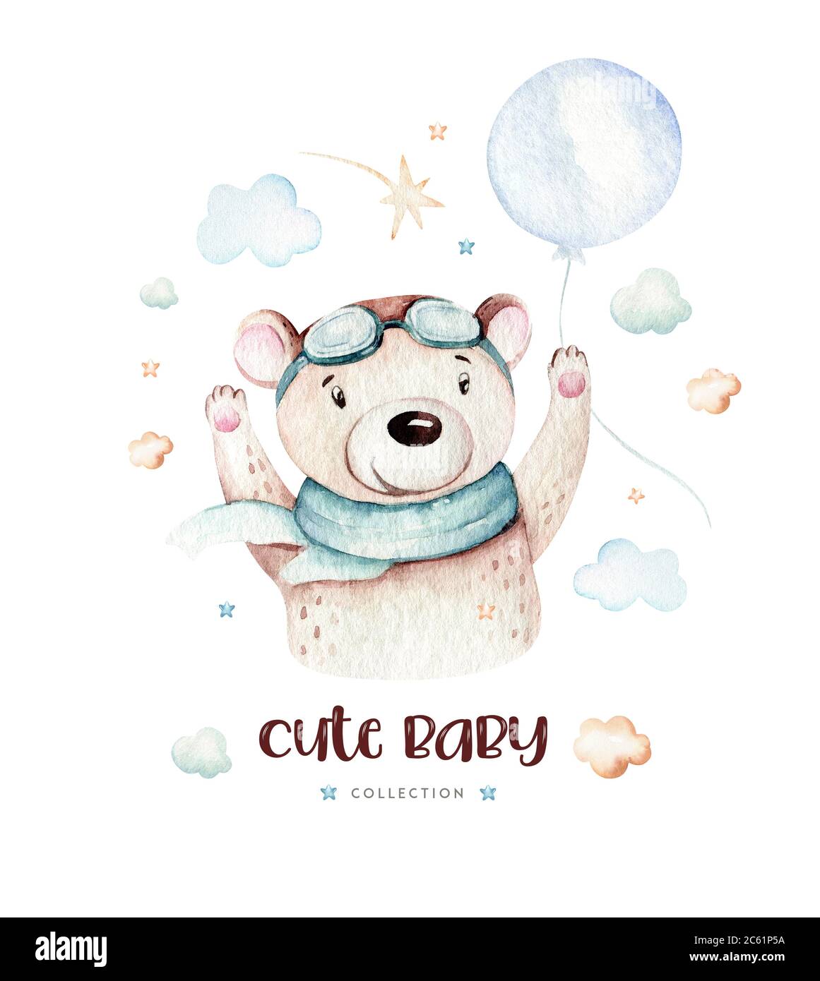 Watercolor Set baby cartoon simpatico pilota aviazione sfondo illustrazione di fantasioso trasporto aereo completo di aeroplani palloncini, nuvole. Childish Boy Foto Stock