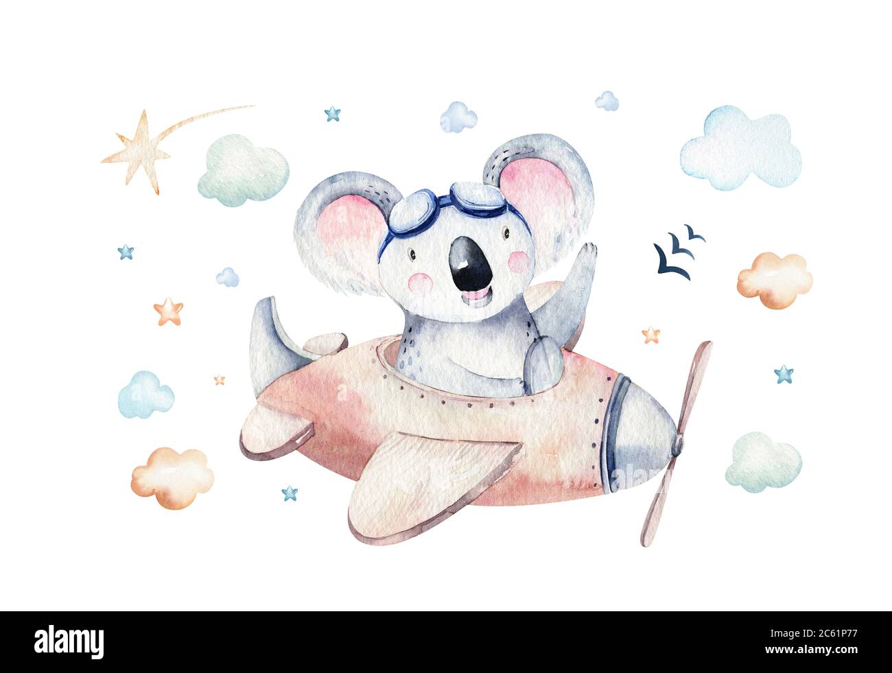 Watercolor Set baby cartoon simpatico pilota aviazione sfondo illustrazione di fantasioso trasporto aereo completo di aeroplani palloncini, nuvole. Childish Boy Foto Stock