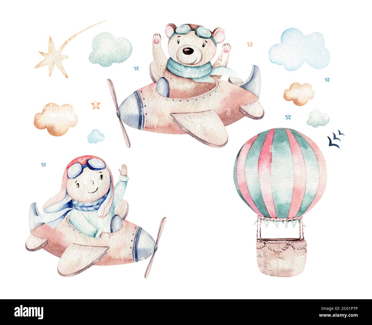 Palloncino acquerello Set baby cartoon simpatico pilota aviazione illustrazione. Trasporto cielo palloncini con giraffe ed elefante, koala, orso e uccello, nuvole Foto Stock