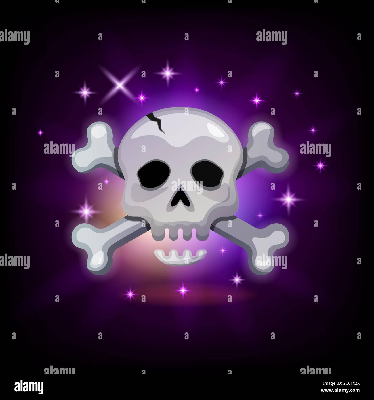 Icona del videogioco con cranio e crossone pirati brillanti su sfondo scuro, illustrazione vettoriale per interfaccia grafica utente, stile cartoon Illustrazione Vettoriale