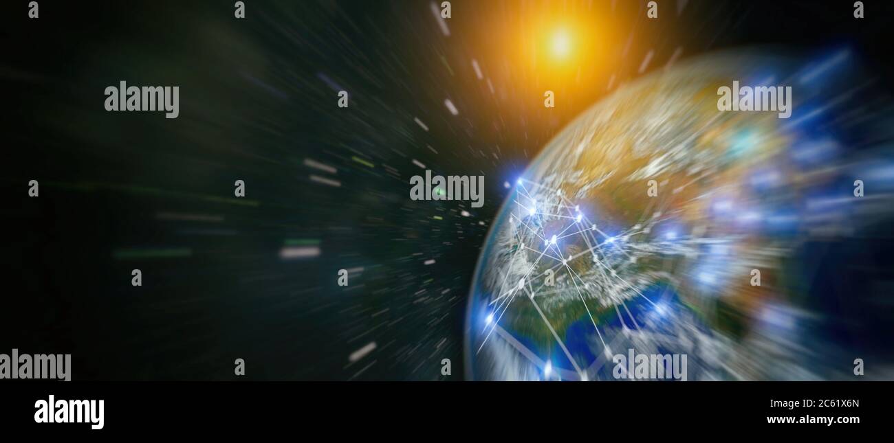 Rete digitale globale rete di telecomunicazione sopra la Terra vista dallo spazio con sistema collegato Foto Stock