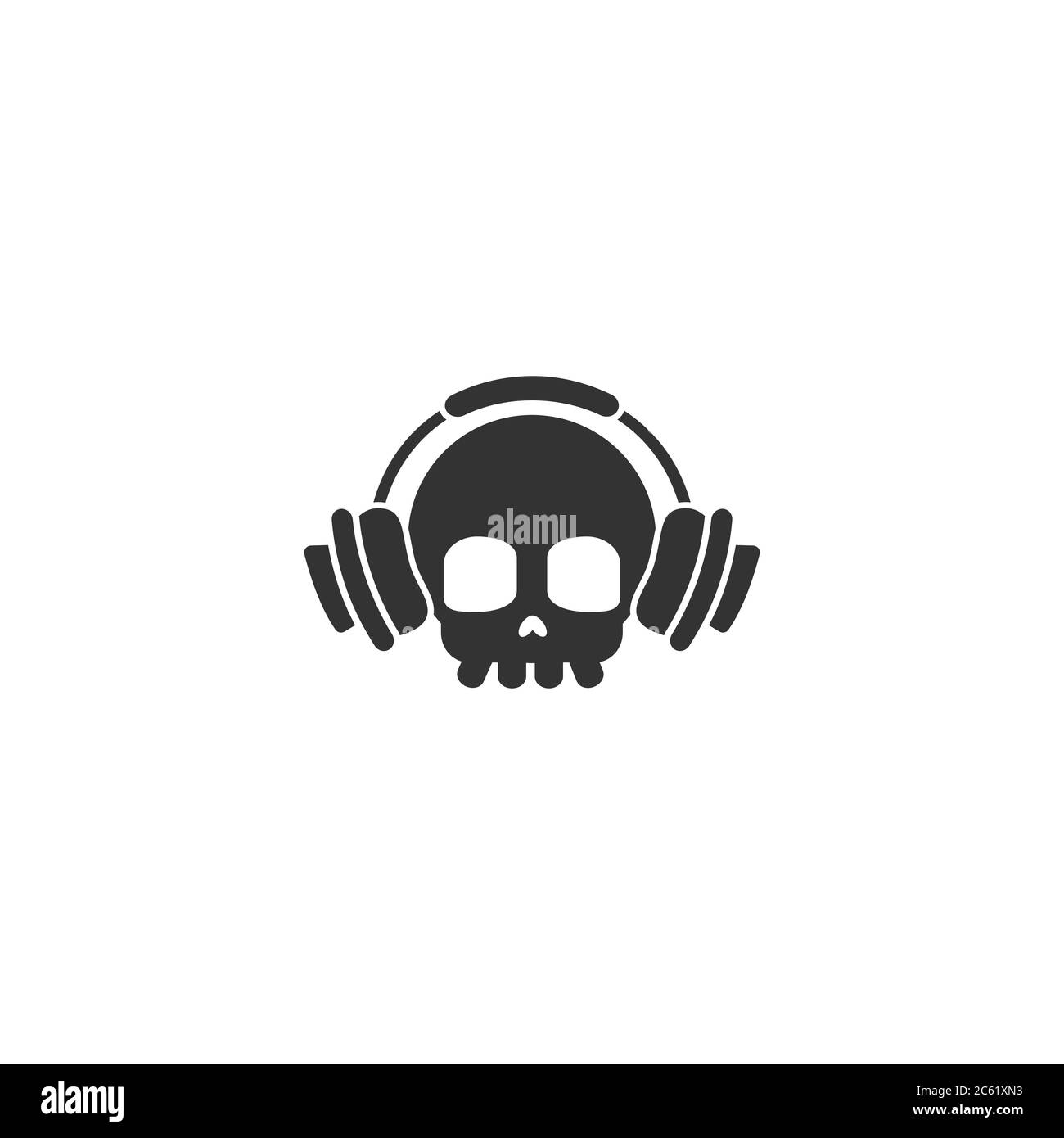 Cranio con cuffie. Logo Rock Music. Suoni di pericolo. Stampa accattivante per la felpa. Cranio umano bianco e nero. Illustrazione Vettoriale