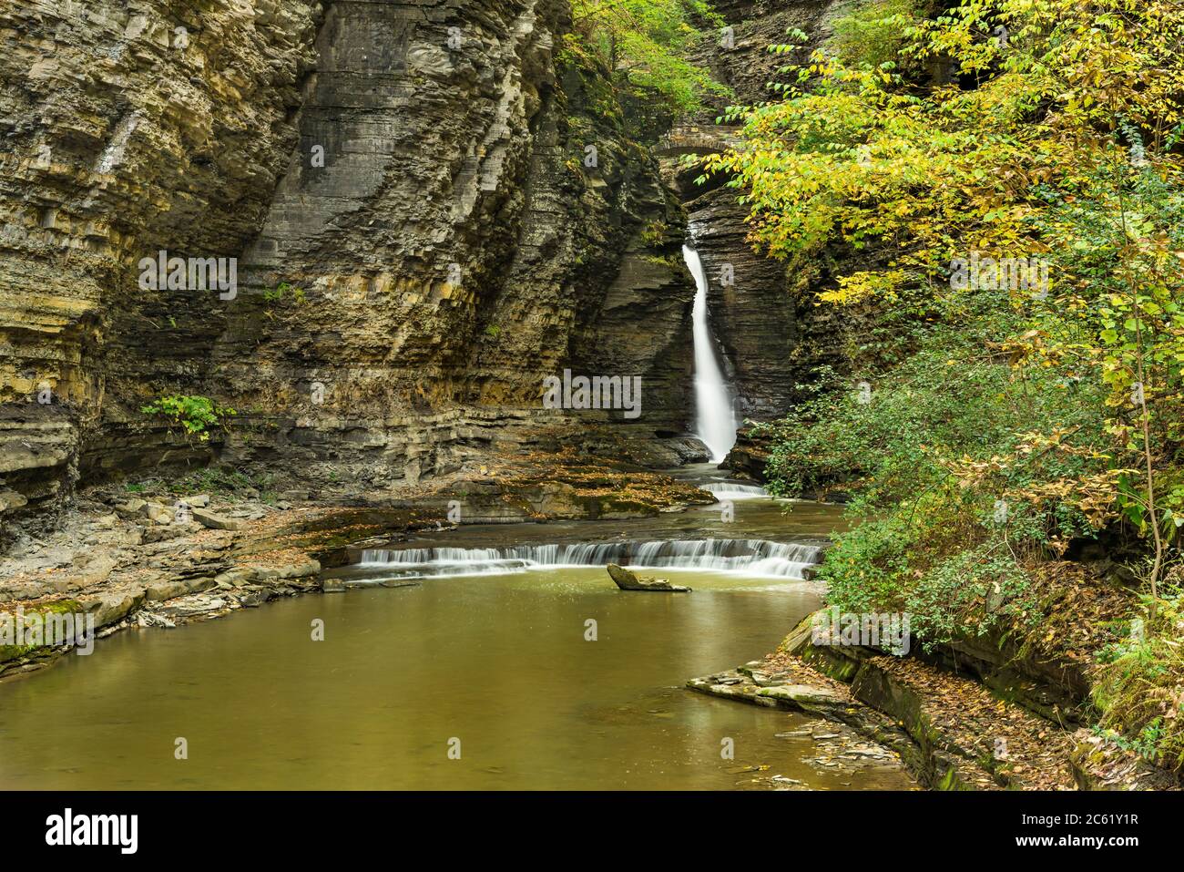 Watkins Glen Gorge Trail e Glen Creek in autunno, Schuyler County, Finger Lakes Region, New York Foto Stock