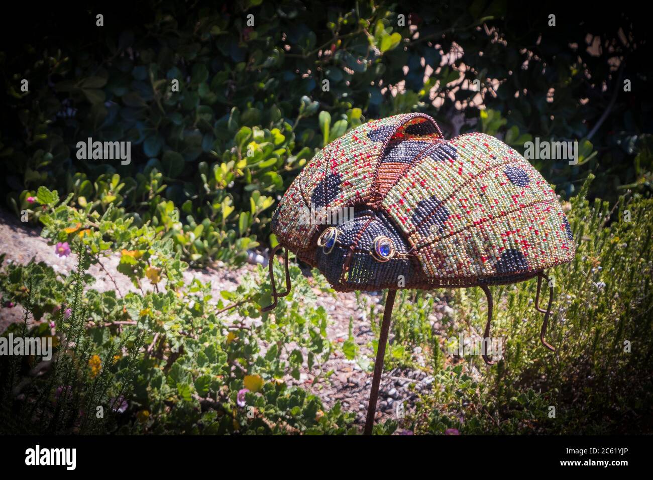 Insetto decorativo in giardino, aiuola. Spider, dragonfly, scarafaggio, mantide religiosa. Foto Stock