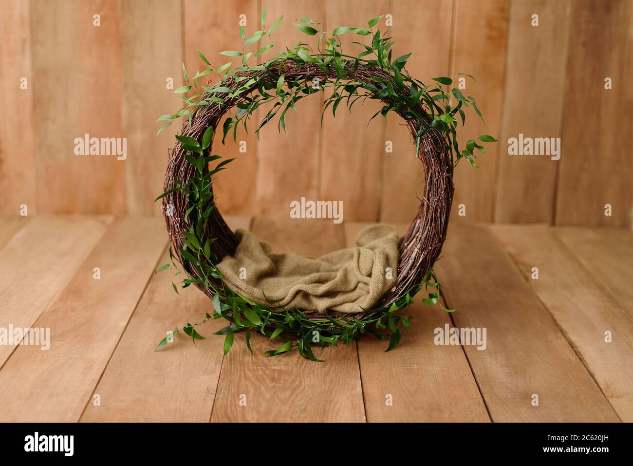 Neonato Digital background Nest Prop per Newborn. Per ragazzi e ragazze. Legno indietro. Sparare insieme con nido di sostegno e foglie e sfondo di legno Foto Stock