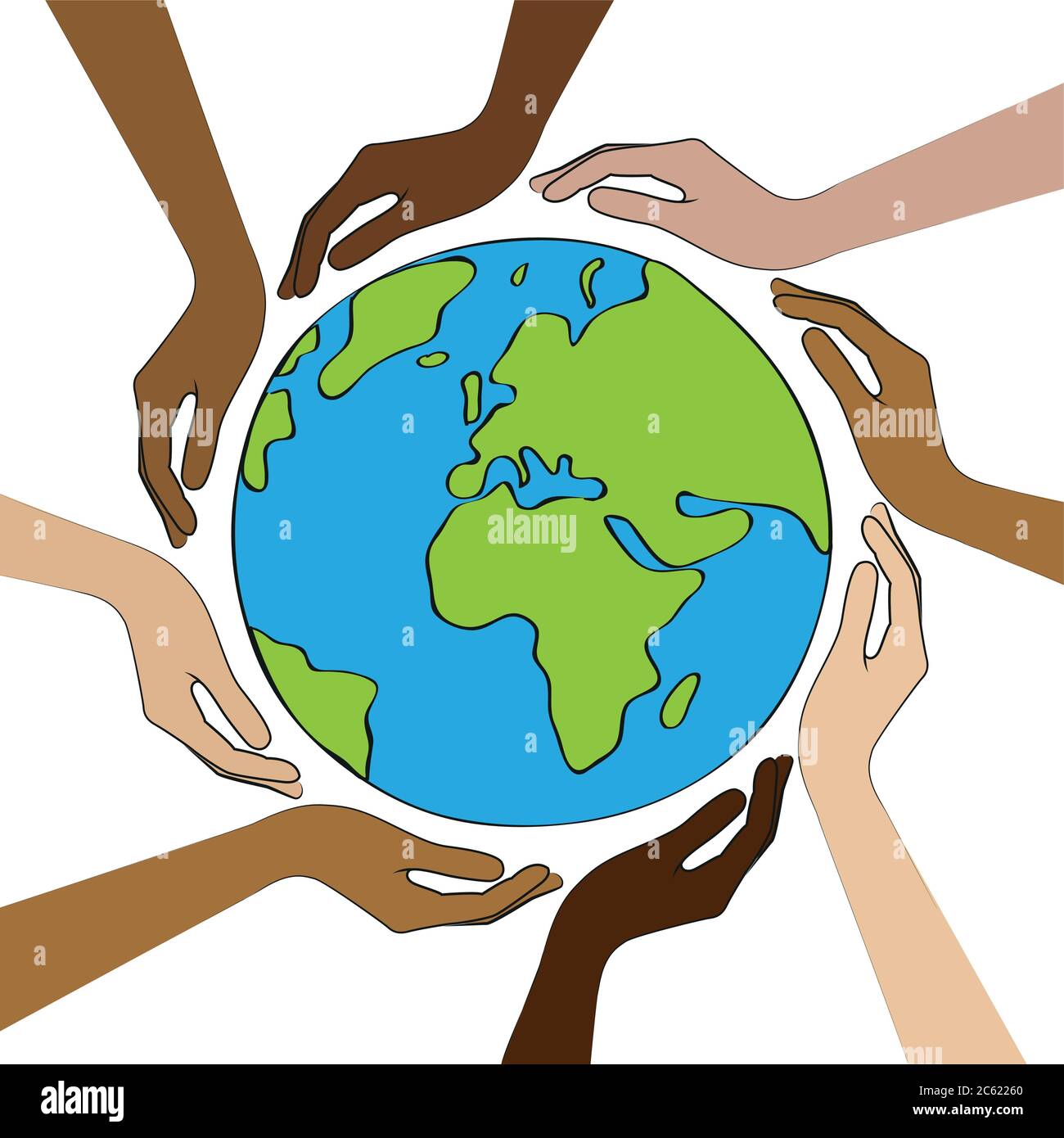 Il pianeta terra nel mezzo di mani umane con diversi colori di pelle illustrazione vettoriale EPS10 Illustrazione Vettoriale