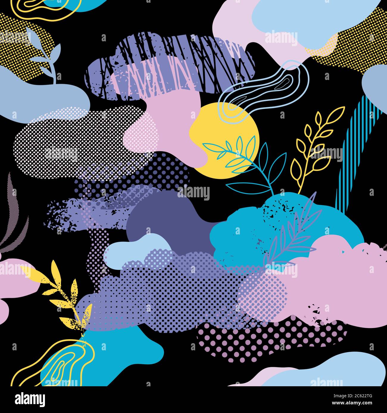Motivo senza cuciture con nuvole, elementi floreali e grafici Illustrazione Vettoriale