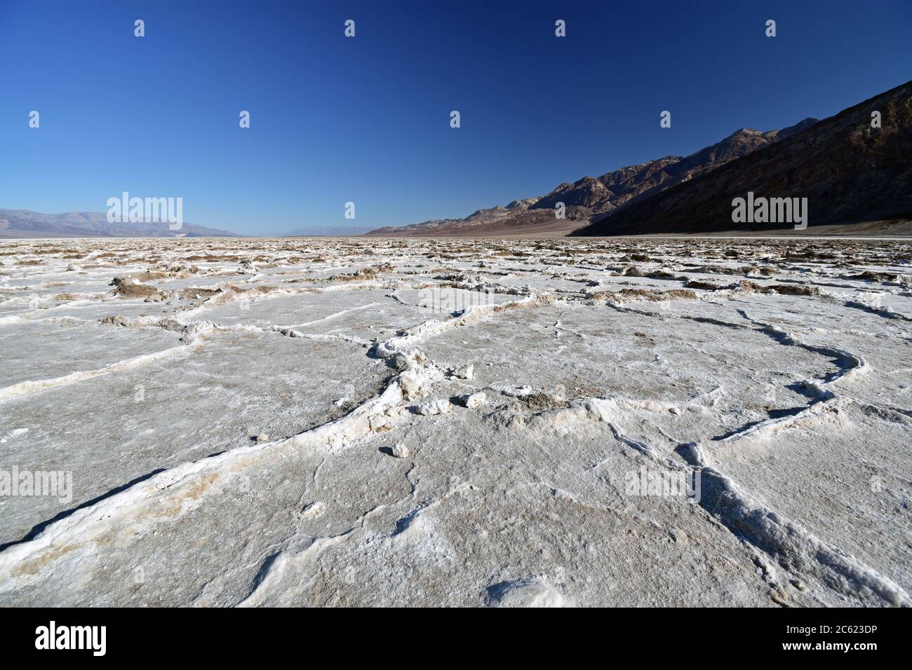 Le saline del bacino di Badwater nel Parco Nazionale della Valle della morte. Il sale bianco è visto con le montagne della catena dell'Amargosa che si innalzano dal suolo. Foto Stock