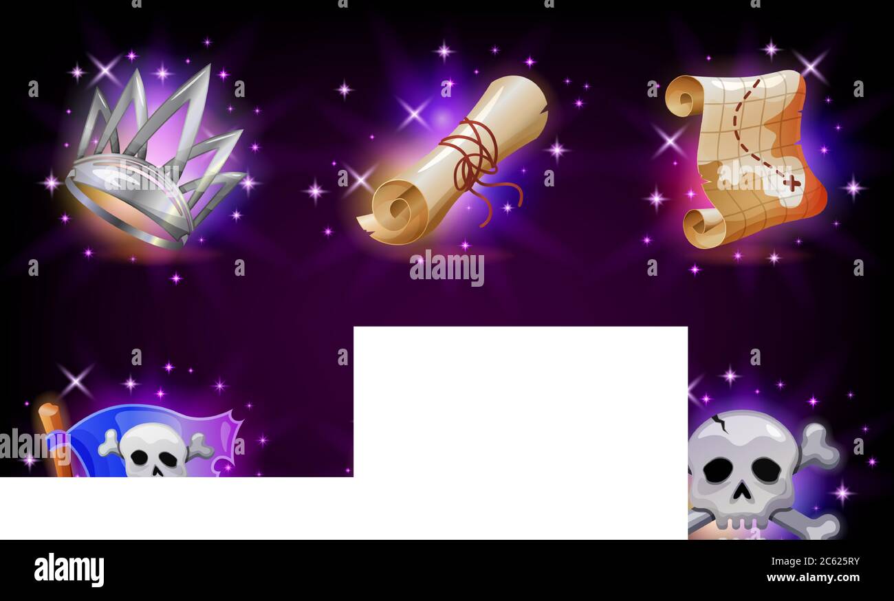 Interfaccia grafica utente icone di videogiochi impostate su sfondo scuro. Raccolta di illustrazioni vettoriali per applicazioni mobili, stile cartoon Illustrazione Vettoriale