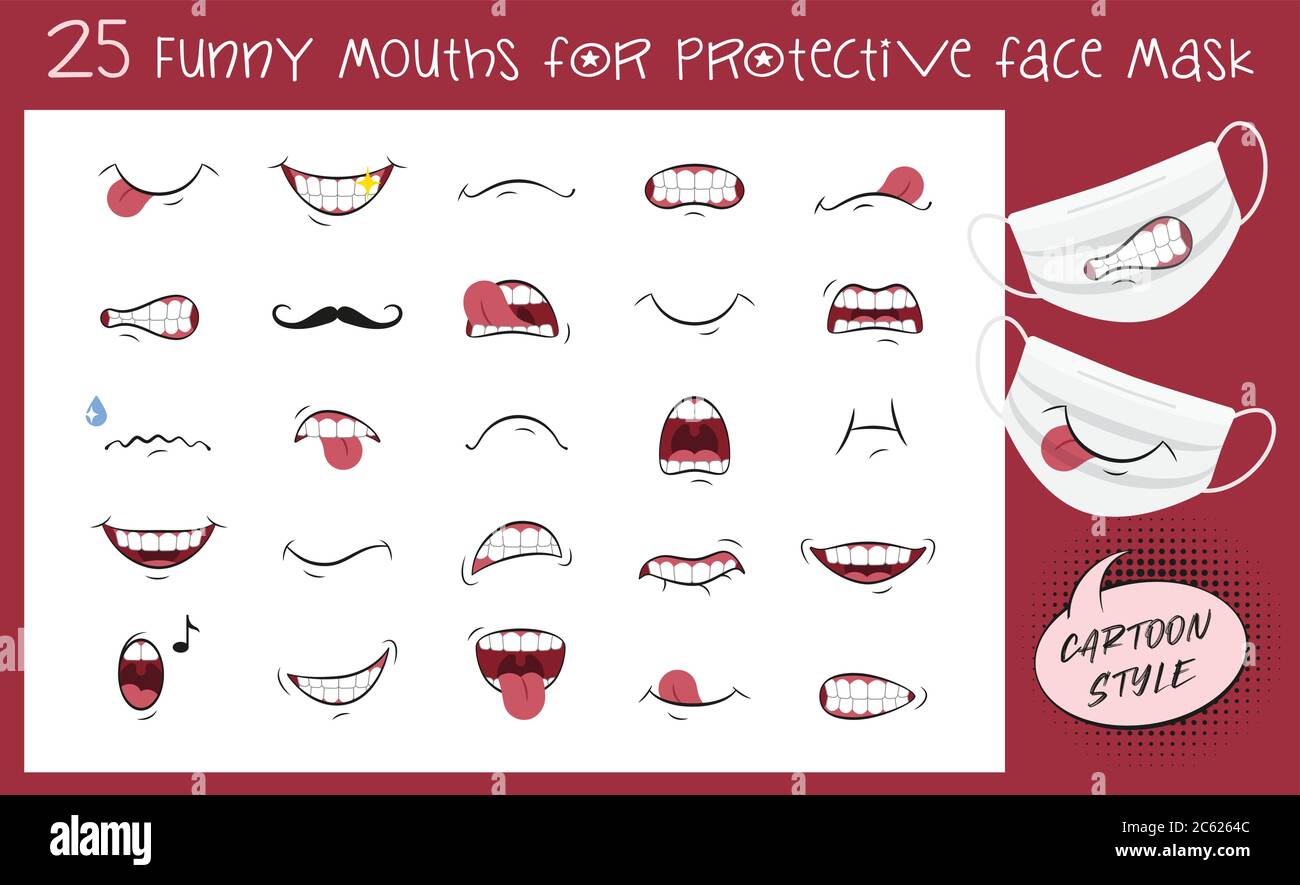 25 bocche divertenti per maschera protettiva. Stile cartone animato. Emoticon divertenti. Illustrazione vettoriale. Illustrazione Vettoriale