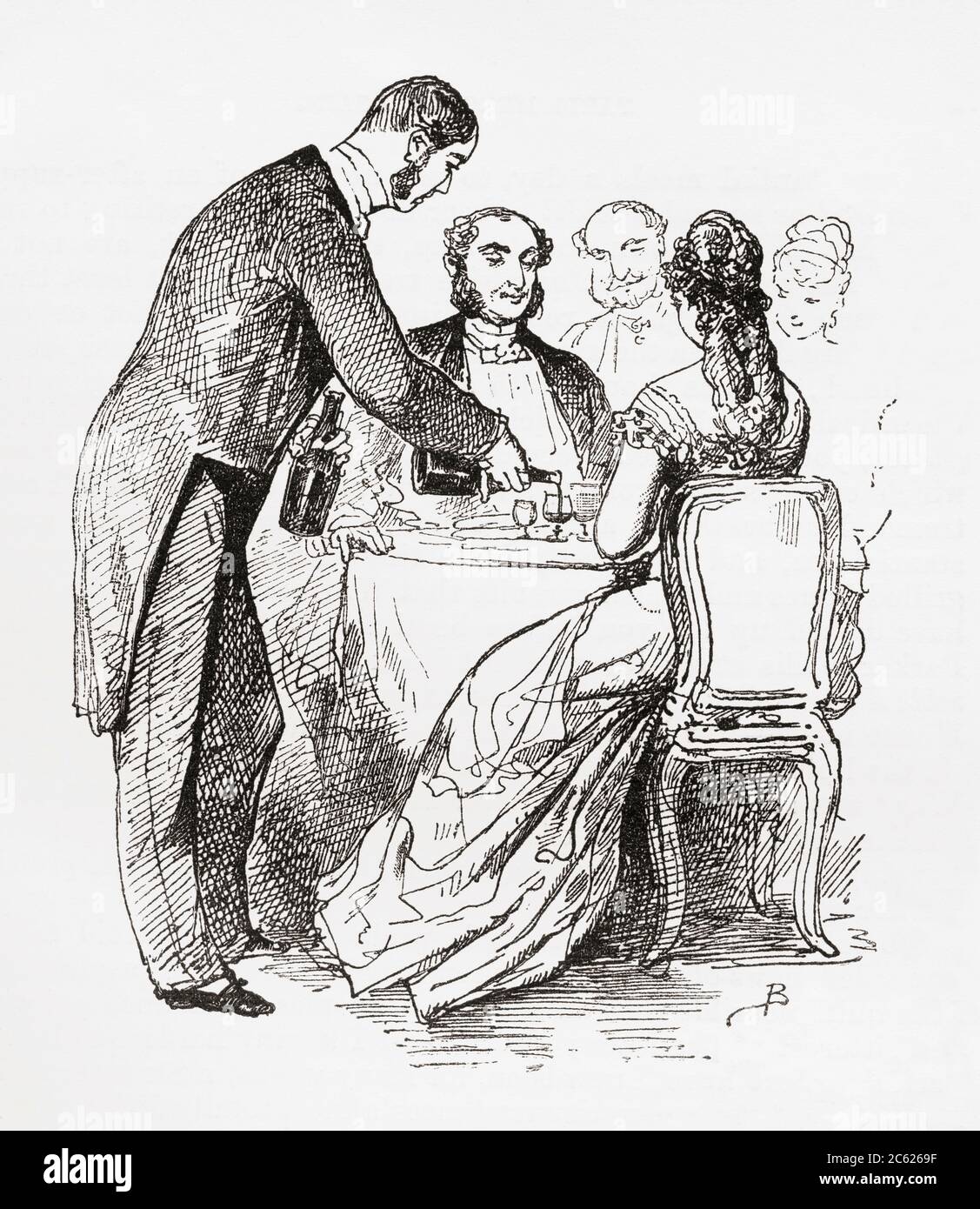 Cena a Parigi. Una coppia si siede a un tavolo mentre un cameriere li versa un bicchiere di vino. Da Parigi stessa di nuovo, pubblicato, 1882. Foto Stock