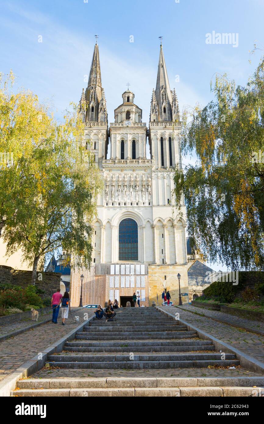 Cathédrale Saint-Maurice, Angers, Maine-et-Loire, Francia. Bella foto verticale della Cattedrale di Angers, giornata di sole. Passeggiata in pietra di Montée Saint-Maurice Foto Stock