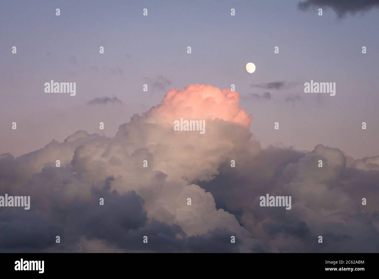 La cima di una nube di tempesta diventa rosa dopo il tramonto. La luna luminosa splende nel cielo. Foto Stock