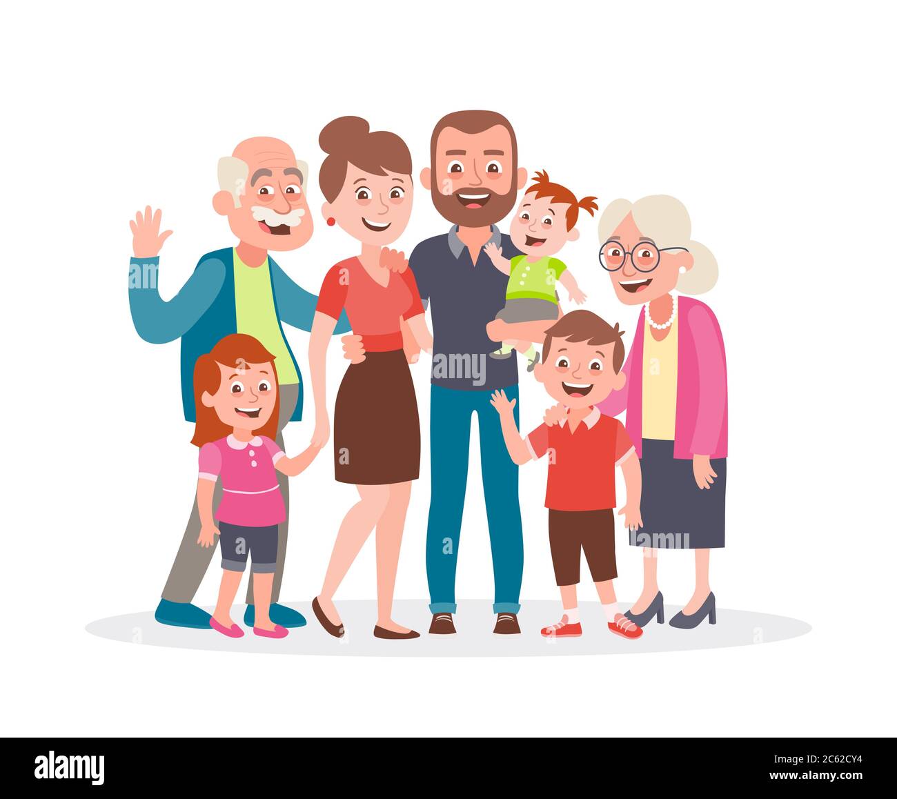 Ritratto di famiglia. Genitori, figli e nonni. Famiglia multigenerazionale. Ritratto completo dei familiari che si levano insieme. Illus vettore Illustrazione Vettoriale