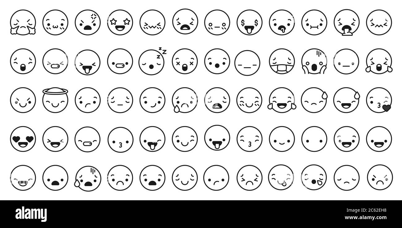 Icone espressioni di faccia. Line kawaii espressione del volto personaggio anime giapponese. Emotion sorriso, bacio e pianto, arrabbiato vettore chat lineare set Illustrazione Vettoriale